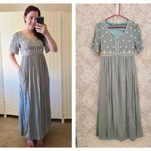 Light Olive Green White Embroidered Linen Dress With Pockets Boho Hippie